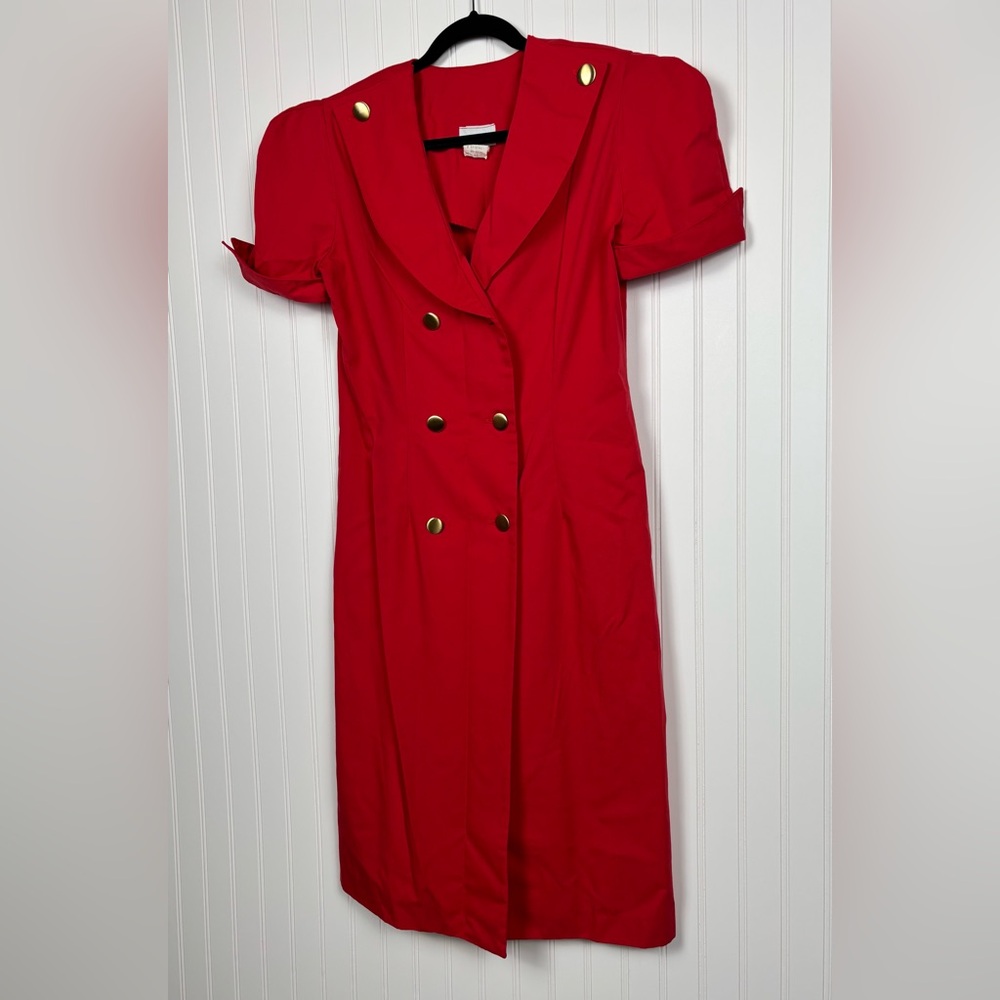 Vintage Apostrophe Red w/ Gold Button Front Dress Shoulder Pad Puff Sleeve Sz 12 - Picture 2 of 12